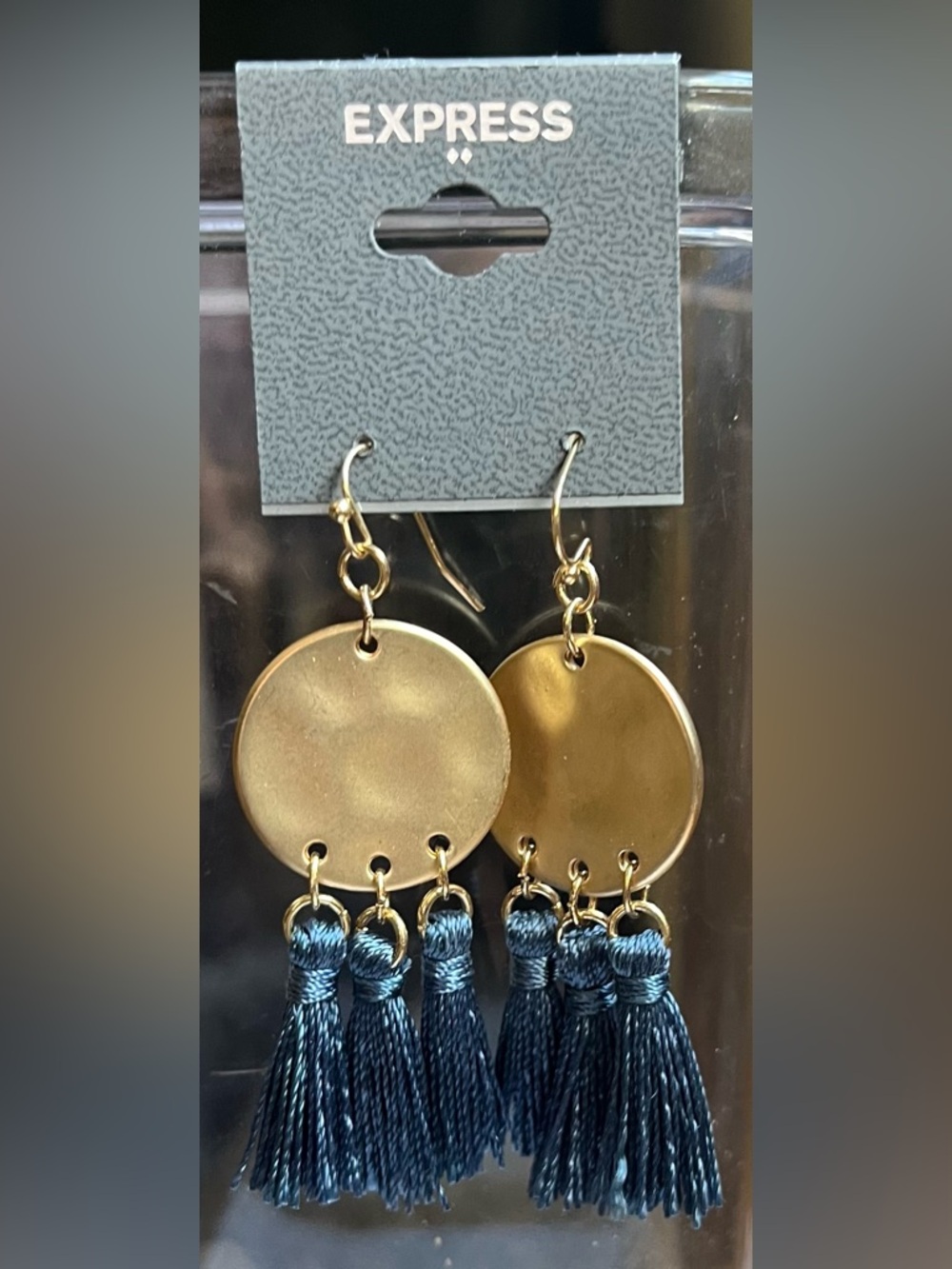 Express Gold Disc Earrings with Navy Tassels